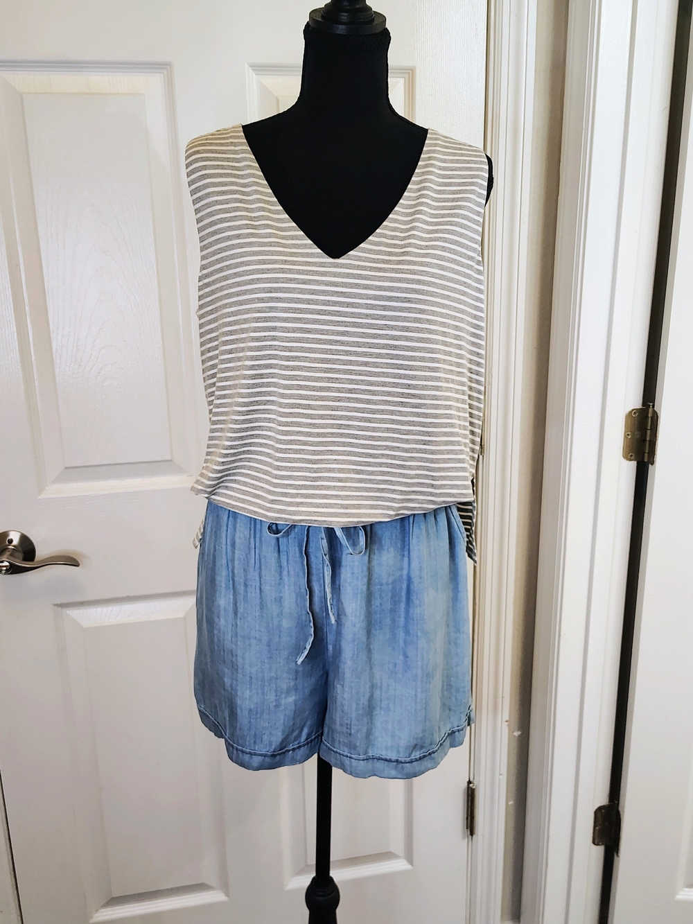 NEW Skies Are Blue Stripe Gray Blue Shorts Jumper Romper Tennis Prep Casual Med